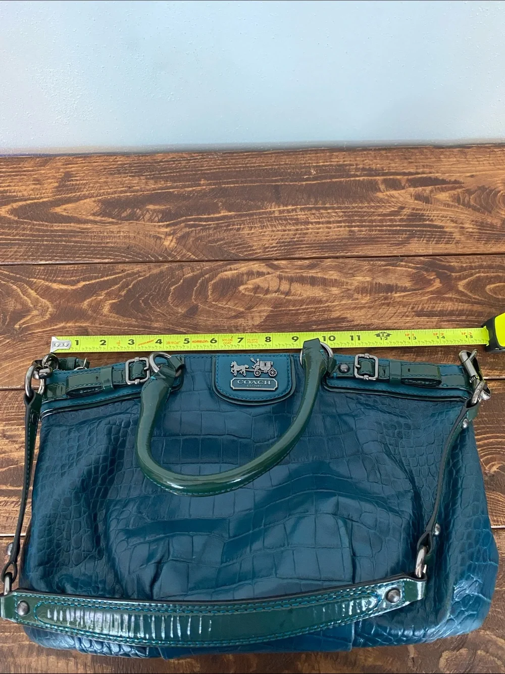Coach Teal Croc-Embossed Leather Shoulder Bag with Dark Green Trim